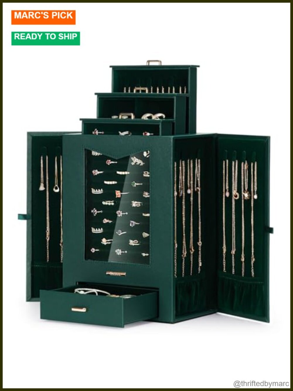 Jewelry Organizer Box with Window 22 Hooks PU-Leather Case Display